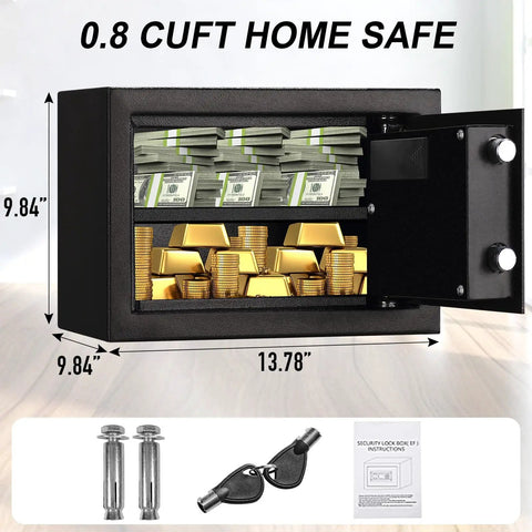Fireproof 0.8 Cu Ft Digital Safe Box With Electronic Keypad And Internal Light Built Tough Solid Steel Mini Safe For Home Office Or Hotel Two Access Codes For Extra Security showing open door with cash and gold inside.