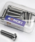 Built Tough M8 X 25mm Button Head Socket Cap Bolts 304 Stainless Steel Allen Drive Fasteners in a clear case.
