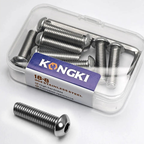 Built Tough M8 X 25mm Button Head Socket Cap Bolts 304 Stainless Steel Allen Drive Fasteners in a clear case.
