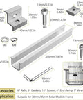 Components of Six Pack Solar Panel Mounting Brackets Kit with 7.87 Inch Aluminum Rails and 30mm and 35mm End Clamps