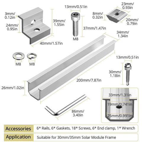 Components of Six Pack Solar Panel Mounting Brackets Kit with 7.87 Inch Aluminum Rails and 30mm and 35mm End Clamps
