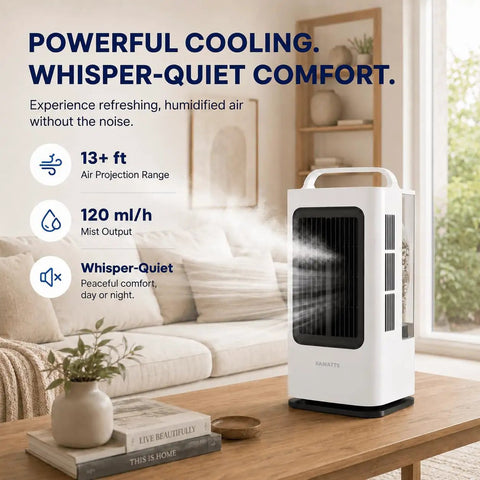 Portable Mini Personal Air Conditioner With Remote, 3 In 1 Evaporative Cooler on a living room table, showcasing air output.
