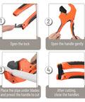 Step-by-step guide using Ratcheting PVC Pipe Cutter For 2-1/2 Inch Tubing, Heavy Duty Orange Tool with clean, precise cuts.
