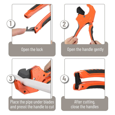 Step-by-step guide using Ratcheting PVC Pipe Cutter For 2-1/2 Inch Tubing, Heavy Duty Orange Tool with clean, precise cuts.