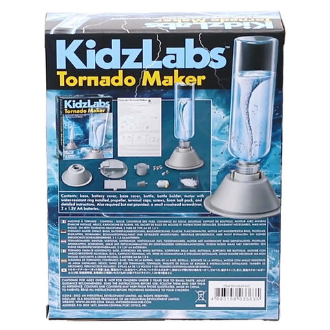 KidzLabs Tornado Maker Kit For Kids - Box back showing components and setup guide for hands-on weather experiment.