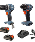 Cordless 20-Volt Max 1/2-Inch Hammer Drill Driver And 1/4-Inch Impact Driver Power Tool Combo with two 2.0 Ah batteries and charger.