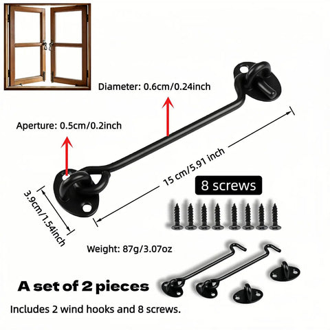 Heavy Duty 6 Inch Hook And Eye Locks 2 Pack Rock Solid Stainless Steel Barn Door Latch with mounting screws and dimensions shown.