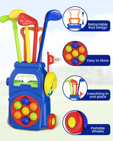 Toddler Golf Set With Putting Mat And Cornhole Board For Kids Aged 3 To 5 Includes 4 Lightweight Clubs 10 Balls 2 Holes And Portable Cart