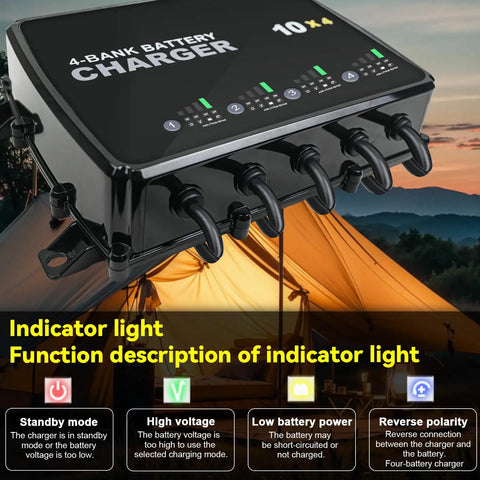 Four Bank 12V Marine Battery Charger Delivering 40A Total With 10A Per Bank, Compatible With AGM LiFePO4 And Deep Cycle