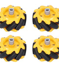 Mecanum wheels set, front view: four yellow 48mm wheels with gray hubs and black rollers for toy robot cars
