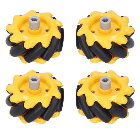 Mecanum wheels for DIY robot car, yellow with black rollers and gray hubs, four wheels (two pairs)