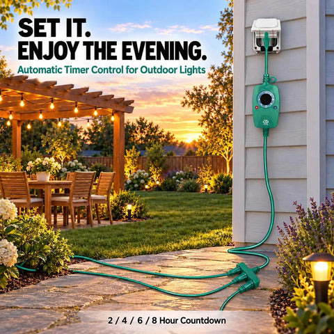 Heavy Duty Outdoor Dusk To Dawn Timer With Photocell Sensor And Three Grounded Outlets mounted on exterior wall with greenery.