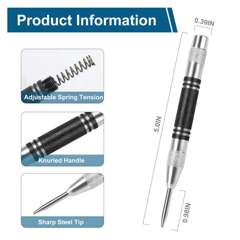 Detailed view of Two Pack Heavy Duty Automatic Center Punch, 5 Inch Premium Steel Spring Loaded Center Hole Marker Tool for Metal, Wood, Plastics, Glass, Adjustable Impact Scriber