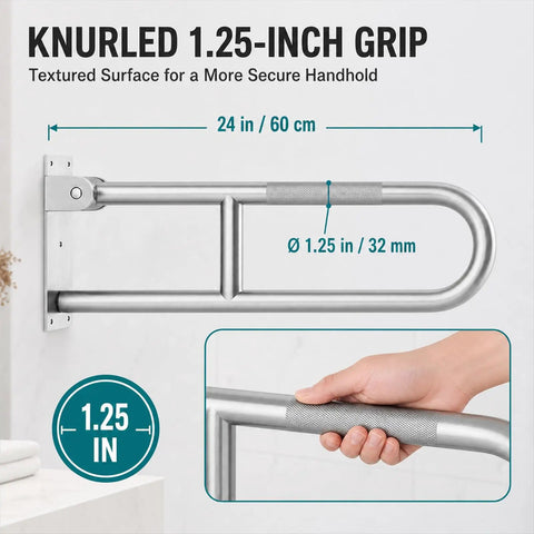 Hella Sturdy 24 Inch Folding Toilet Grab Bar With Rock Solid Anti Slip Surface For Bathroom Accessibility And Safe Shower Assistance Made From Brushed T304 Stainless Steel showing knurled 1.25-inch grip.