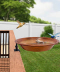 Heavy Duty Iron Bird Bath For Railing And Balcony Deck with hummingbird and dragonfly in a backyard setup.