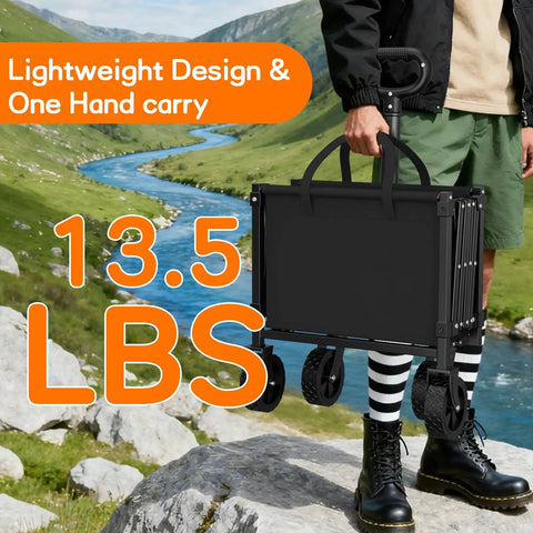 Extra Long 35 Inch Folding Wagon With Wheels, Heavy Duty Collapsible Utility Cart lightweight design, being carried by person