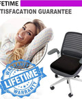 Ultra Comfy Gel Seat Cushion With Double Thick Egg Design And Non Slip Cover on office chair, lifetime warranty badge