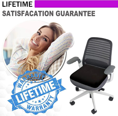 Ultra Comfy Gel Seat Cushion With Double Thick Egg Design And Non Slip Cover on office chair, lifetime warranty badge
