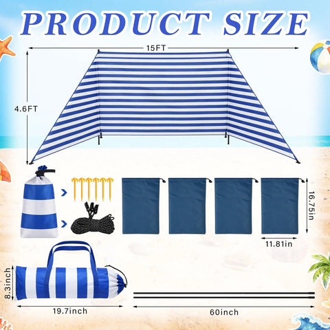 15 By 5 Ft Beach Windscreen Set With Blue White Stripes, Wind Blocker And Privacy Screen, accessories included