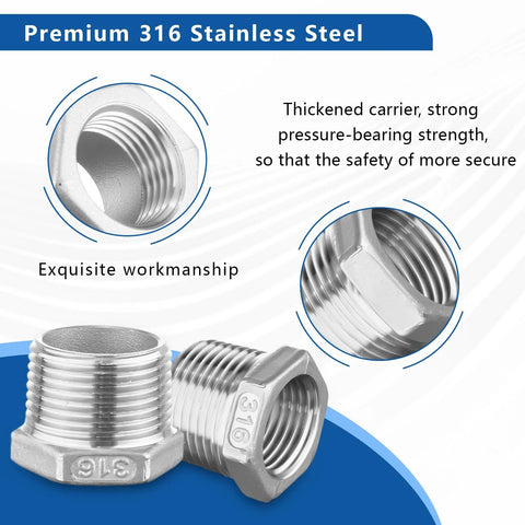 Front view: 316 stainless steel hex bushing reducer, 3/4 NPT male to 1/4 NPT female pipe fitting.