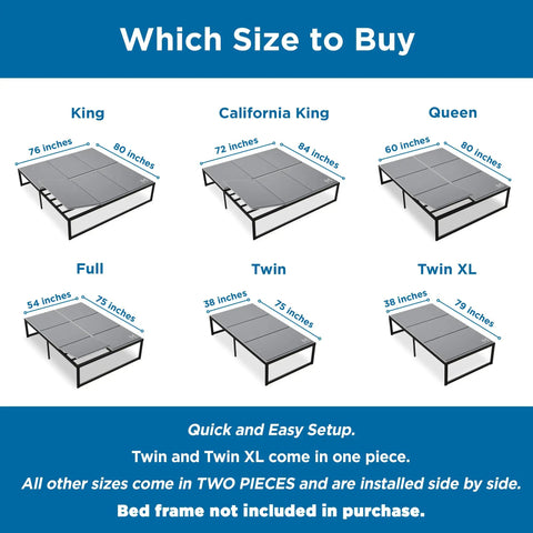Which size to buy guide for Built Like A Tank Heavy Duty Bunkie Board For Queen Beds with dimensions for each bed size.