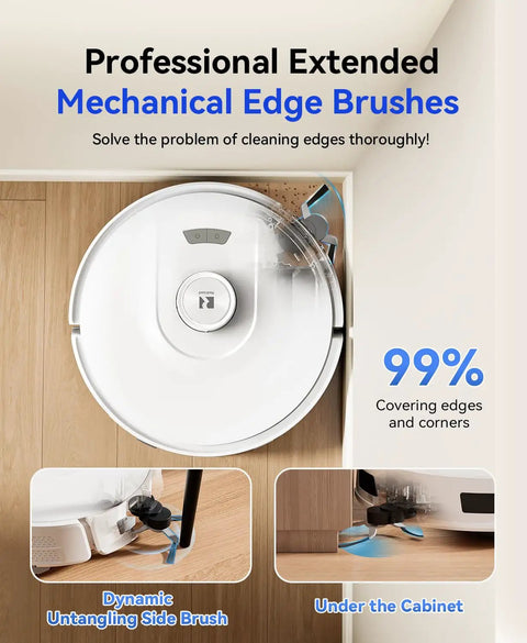 Top view of robot vacuum and mop with Beast 20000 Pa suction, self emptying dock, white body, cleaning edges under cabinet