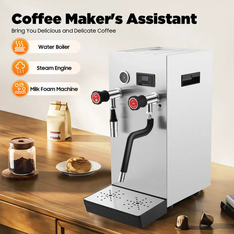 Straight Up Commercial Milk Frother And Automatic Steam Boiler With Led Digital Display 2.1 Gallon Dual Tank Espresso Maker Built Tough For Hustle Ready Cafe Crews on a counter.
