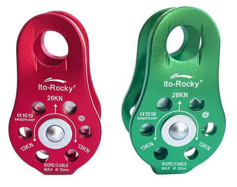 Rocky 28kN Zipline Pulley And 26kN Micro Pulley Set With Stainless Steel Bearings, CE Certified, green and red pulleys