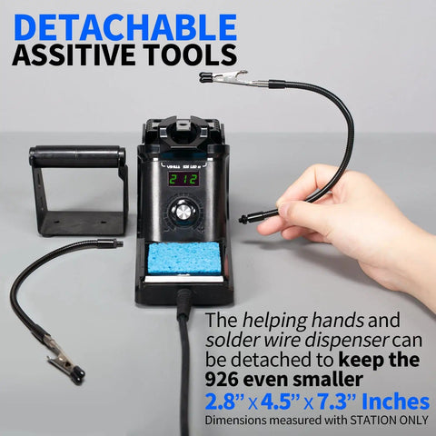 Pro Grade 60W Digital Soldering Station Kit With Two Handy Helping Hands Six Extra Tips Lead Free Solder Sucker Stainless Tweezers Celsius Fahrenheit Conversion Auto Sleep And Calibration Support showing detachable tools