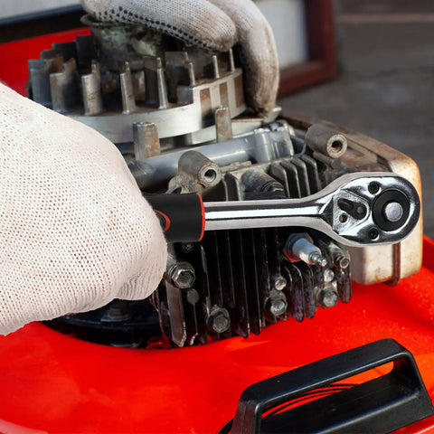 Hand with glove using wrench from All In One 38 Piece Home Tool Kit With Portable Box The Starter Set For Dorm Life Office Fixes And Auto Repairs Durable Chrome Plated Hand Tools For DIY Projects And Car Maintenance on machinery