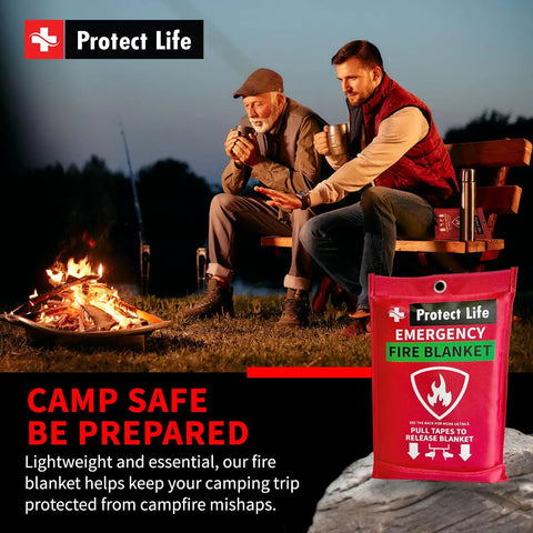 Two Pack 40x40 Inch Fiberglass Emergency Fire Blankets With Protective Gloves Wall Hooks And Storage Case For Home Kitchen Car Or Camping Fire Safety Kit For Quick Fire Suppression And Peace Of Mind shown next to a campfire at night with two people sitting.