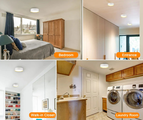 Five Color Temperature Dimmable LED Flush Mount Ceiling Light Fixture Dope Matte Black With Gold Inside in various rooms.