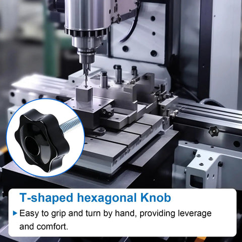 CNC machine with a T-shaped hexagonal knob, part of 30 Piece T Slot Bolt Kit With Hex Type Bolts And Rubber Head Nuts For T Track Hardware Set Clamp