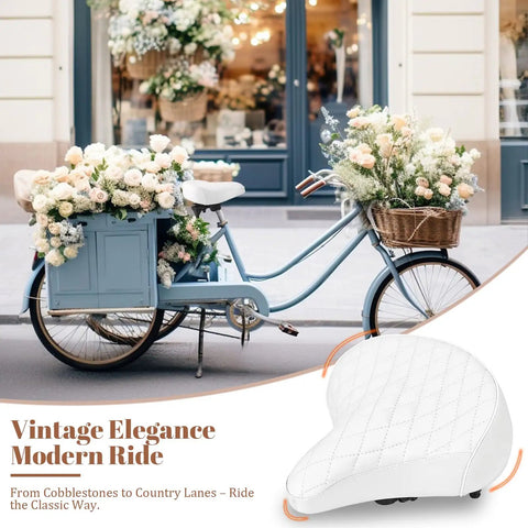 Wide Oversized Bike Seat For Men And Women With Plush Cushion And Shock Absorption Ideal Replacement Saddle For Cruiser Bikes MTB City Bikes E Bikes Tricycles And Exercise Cycles For Long Rides, white quilted saddle