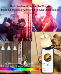 Collage showing Smart WiFi LED Light Bulbs in use with music sync, app control, and household settings.