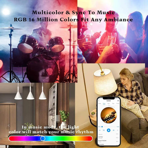 Collage showing Smart WiFi LED Light Bulbs in use with music sync, app control, and household settings.