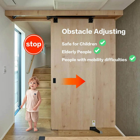 Motorized Flush Hidden Sliding Barn Door Hardware Kit For 47.2 To 59 Inch Doors installed, obstacle adjusting feature visible