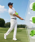 Golfer using Connector Golf Swing Trainer For Posture Correction And Smooth Mechanics on a course with product features shown.