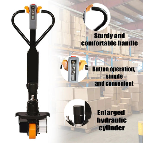 Heavy-Duty Full Electric Pallet Jack With 2 Ton Lift Capacity And Compact Design Perfect For Supermarkets And Logistics Centers Featuring Brushless Motor Power, showcasing handle and controls.