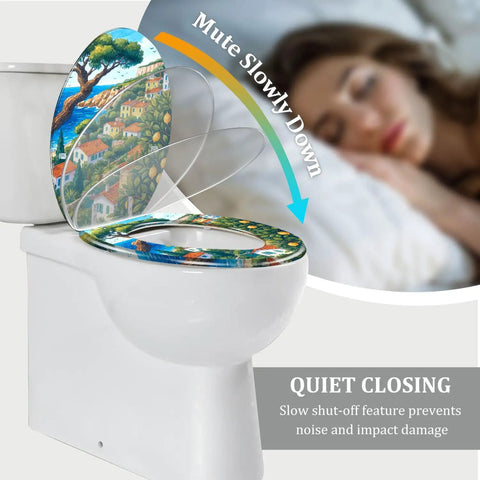 Resin Elongated Toilet Seat for Bathroom with colorful design and quiet closing feature, fitting most toilets.