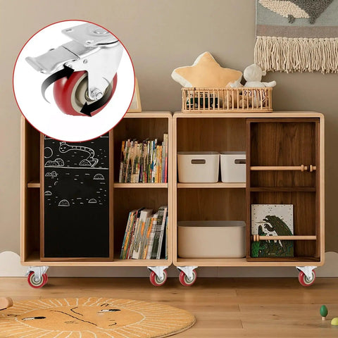 Super Smooth Rolling Heavy Duty Casters Built Tough For Heavy Loads With Roll Lock Brakes attached to a storage unit.