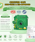 Kids Camera With Instant Print For Fun Snaps, Epic Birthday Gift For Ages 4 To 10, For Girls And Boys, Safe Durable Toy With Easy Paper Prints And Kid Friendly Design. Green instant print kids camera with safety badges and test labels.