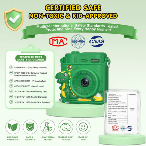 Kids Camera With Instant Print For Fun Snaps, Epic Birthday Gift For Ages 4 To 10, For Girls And Boys, Safe Durable Toy With Easy Paper Prints And Kid Friendly Design. Green instant print kids camera with safety badges and test labels.