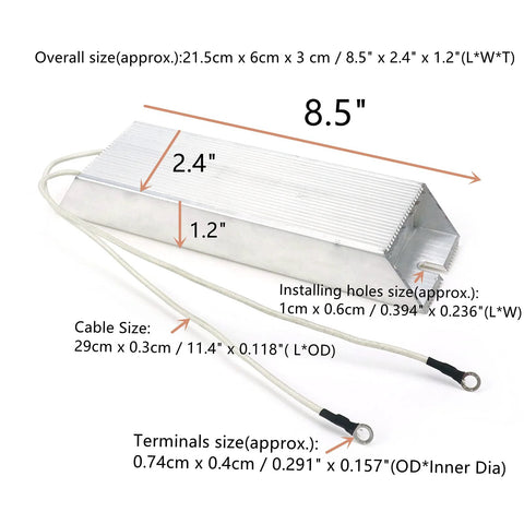 Side view of Dahszhi 300W 70Ω aluminum-housing wirewound braking resistor with solder lug terminals and two leads.
