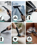 Supercharged Portable Handheld Steam Cleaner With Lightning Fast Fifteen Second Heat Up That Blasts Away Stubborn Grease And Gunk Instantly While Delivering Four Bar Pressure For Spotless Surfaces with various attachments shown.