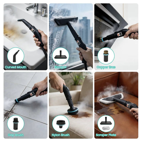 Supercharged Portable Handheld Steam Cleaner With Lightning Fast Fifteen Second Heat Up That Blasts Away Stubborn Grease And Gunk Instantly While Delivering Four Bar Pressure For Spotless Surfaces with various attachments shown.