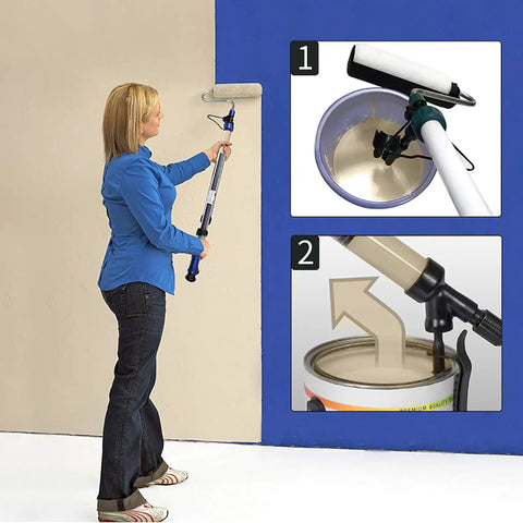 Game Changing Electric Paint Roller Brush With Long Extension Rod Auto Feed System For Effortless Wall And Ceiling Painting in use on wall.