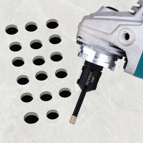 1/4-inch dry diamond tile drill bit installed on a blue angle grinder