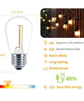 24 Pack LED S14 Replacement Bulbs For Outdoor String Lights Waterproof Shatterproof 1W E26 Medium Base 2200K Warm White 11W Equivalent Non-Dimmable Easy Plug In Not For Solar Sets image showing bulb dimensions and features