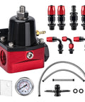 Front view of red EVIL ENERGY fuel pressure regulator kit with 6AN EFI bypass, braided hoses, gauge, and fittings.
